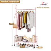 Lukzer Heavy-Duty Portable Metal Clothes Rack with Single Rod & Bottom Shelf (MGR-001/Pink)