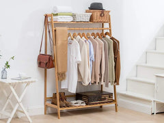 Lukzer Bamboo Garment Stand with Top & Bottom Shelves (CH-498)