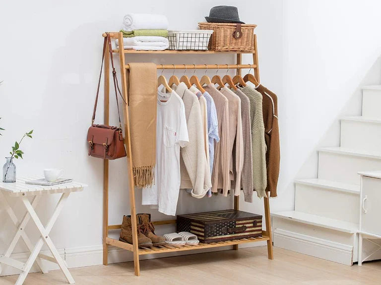 Lukzer Bamboo Garment Stand with Top & Bottom Shelves (CH-498)