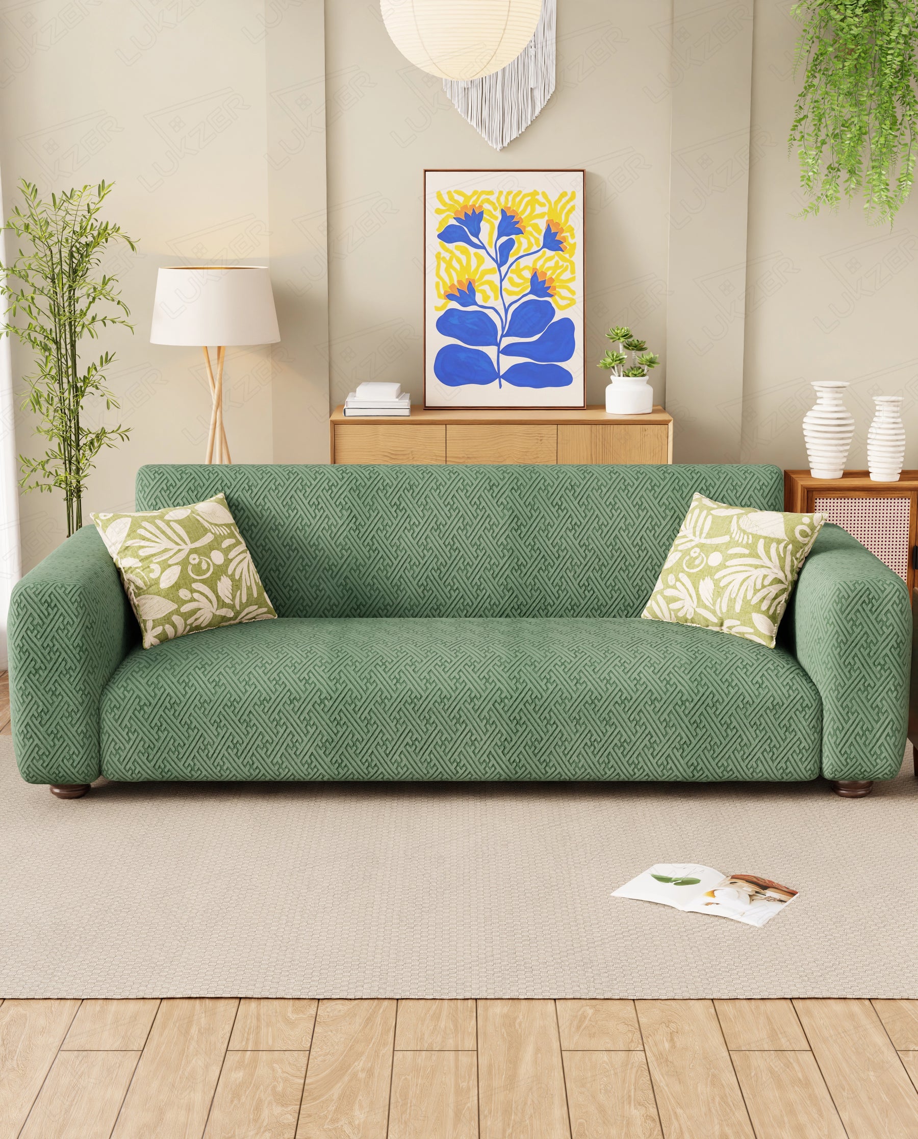 Lukzer Pastel Shades Textured Sofa Cover  Green Grid Maze (SC-107-01)