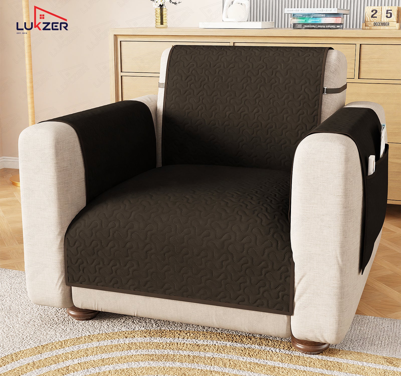 Lukzer Quilted Stipple Blue Sofa Cover Mat with Storage Side Pocket | 350 GSM Polyester Blend Full Coverage with Arms &amp; Back Belt | Machine Washable Sofa Runner.