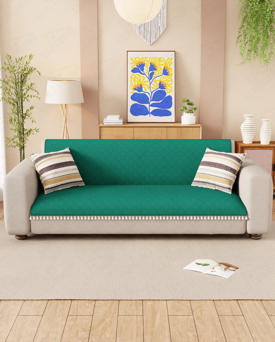 Lukzer 5 Seater Quilted Sofa Cover Mat with Tassels - 3+1+1 Seat - Forest Green - SC-200-05T