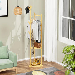 Lukzer Triangular Bamboo Coat & Garment Stand with 6 Side Hooks & Dual Shelves (CH-035)