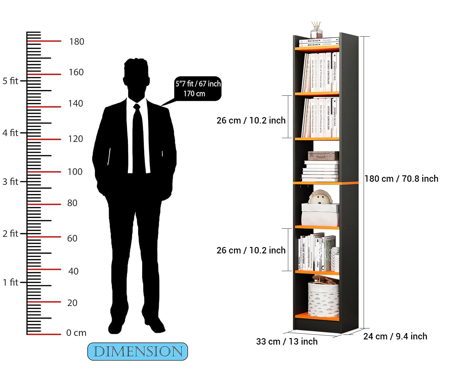 Lukzer 6 Layer Dual Tone Engineered Wood Bookshelf Multipurpose Rack (MR-005/Charcoal Ember)