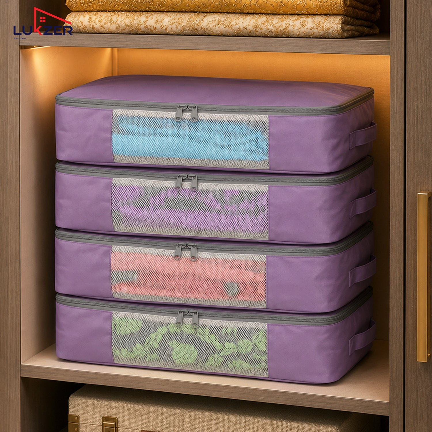 Lukzer 12Pcs Lavender Foldable Saree Cover/Bags with Zip & Mesh Window (Nylon)
