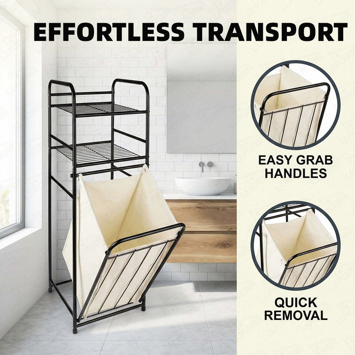 Lukzer Laundry Basket with 2-Tier Metal Storage Shelves & Detachable Fabric Hamper (Black)