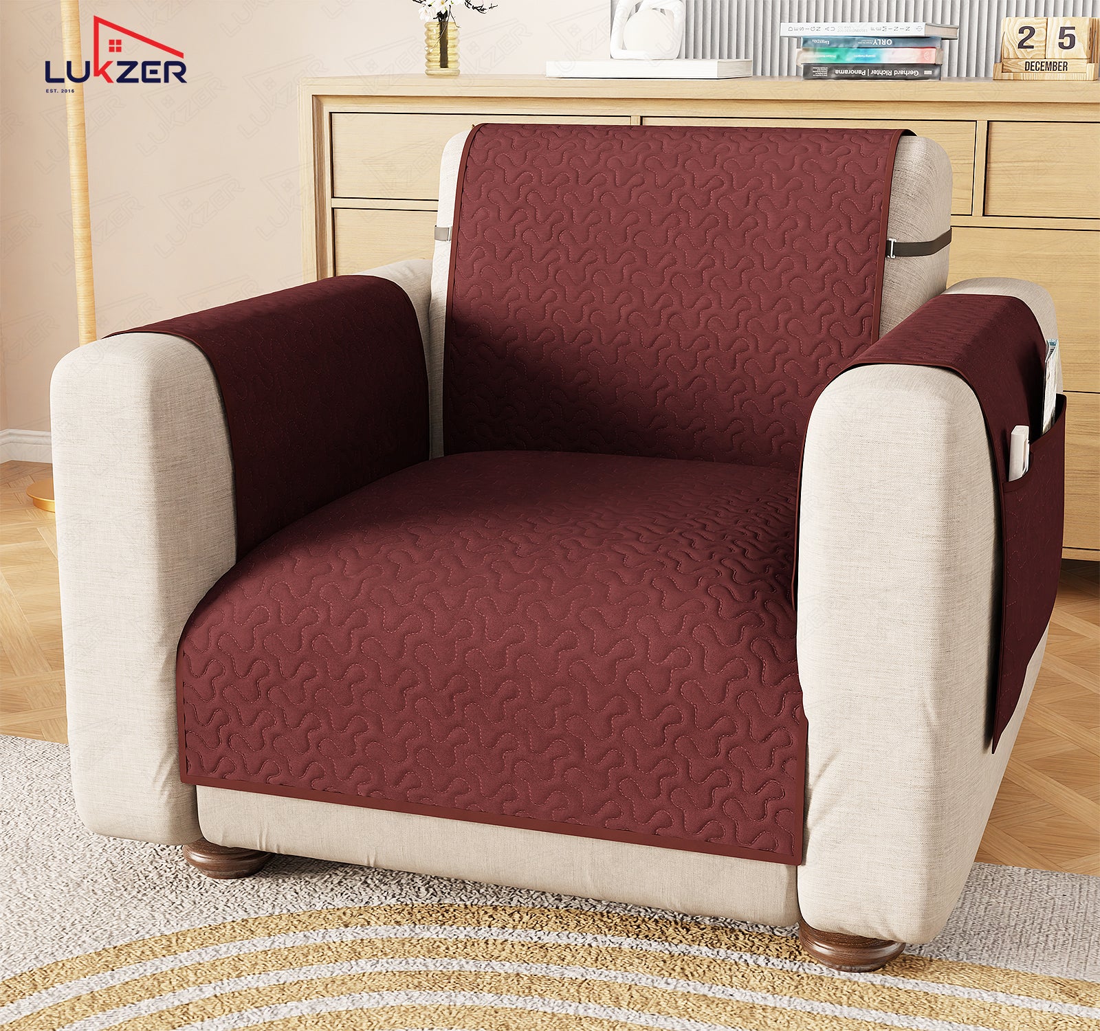 Lukzer Quilted Stipple Blue Sofa Cover Mat with Storage Side Pocket | 350 GSM Polyester Blend Full Coverage with Arms &amp; Back Belt | Machine Washable Sofa Runner.