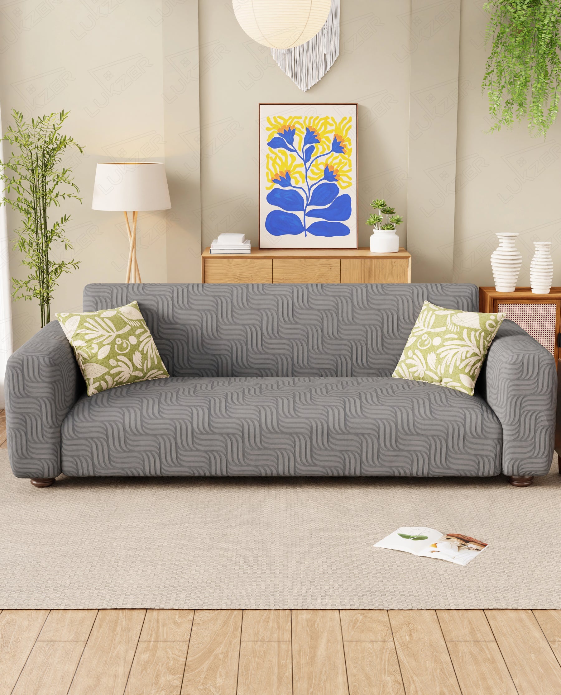 Lukzer Pastel Shades Textured Sofa Cover - Dark Grey Ripple Lines (SC-164-01)