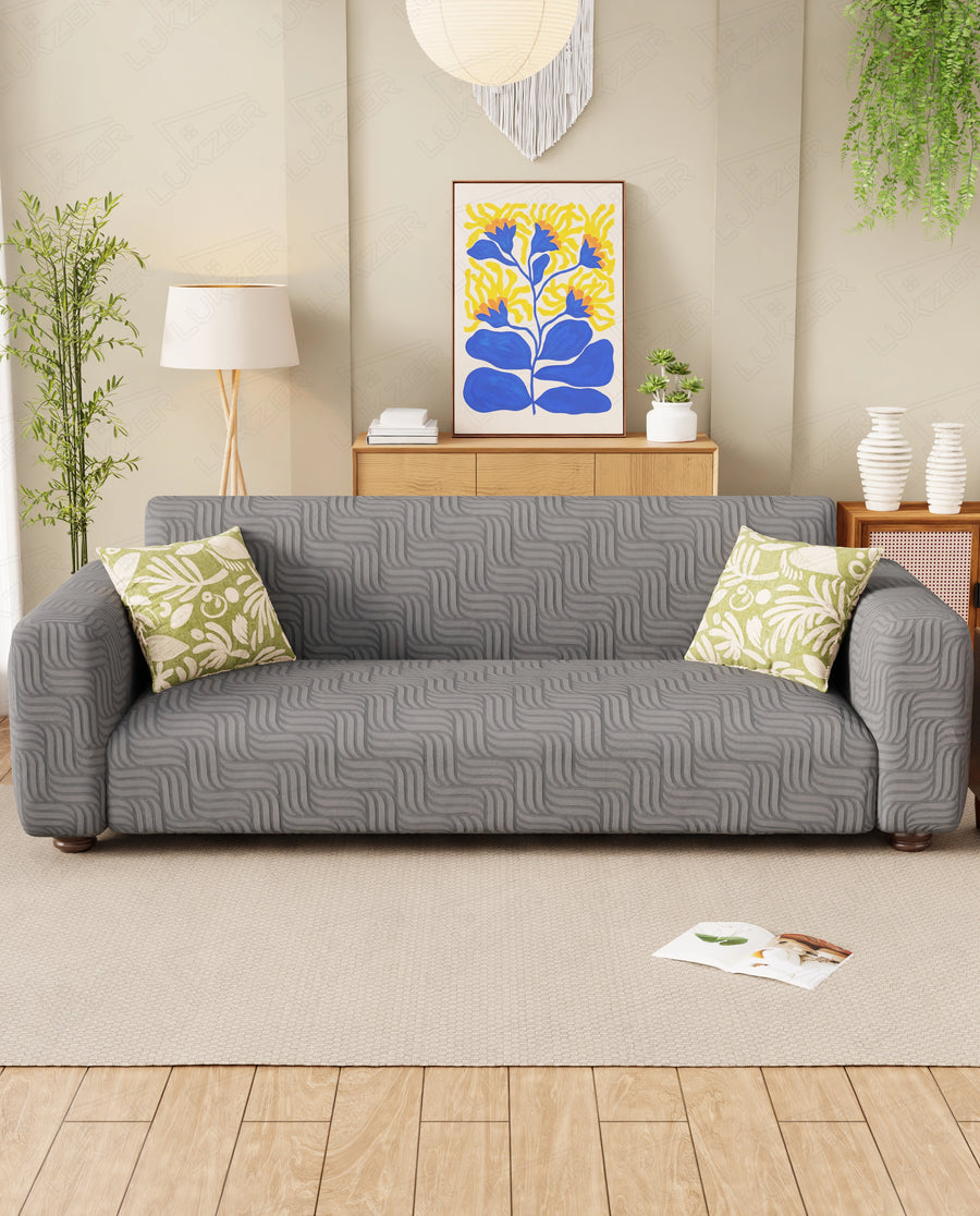 Lukzer Pastel Shades Textured Sofa Cover - Dark Grey Ripple Lines (SC-164-01)