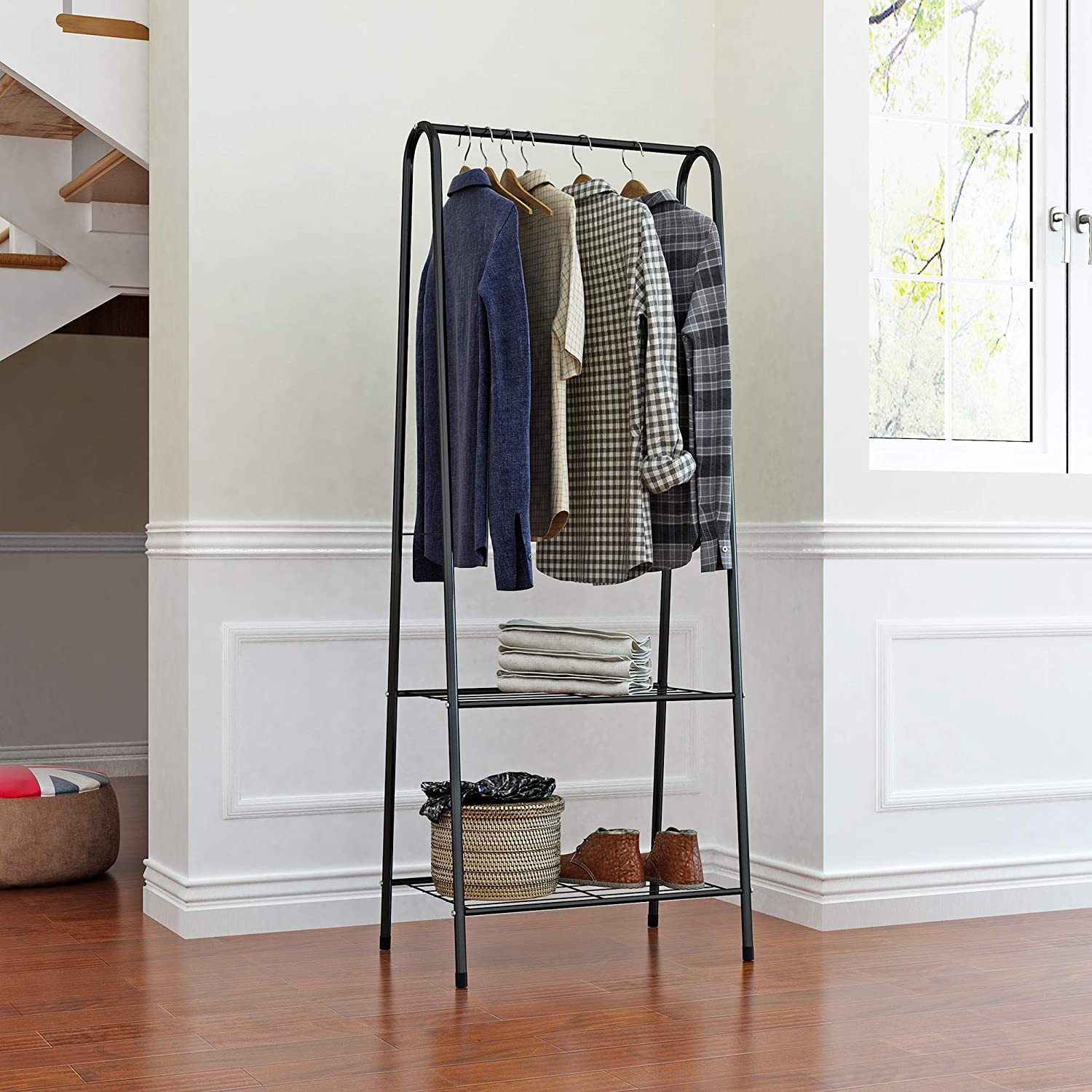 Lukzer Modern Metal Garment Rack with 2 Bottom Shelves – A-Shape - Frame Design (Black/White)