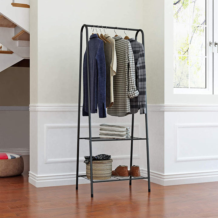 Lukzer Modern Metal Garment Rack with 2 Bottom Shelves – A-Shape - Frame Design (Black/White)