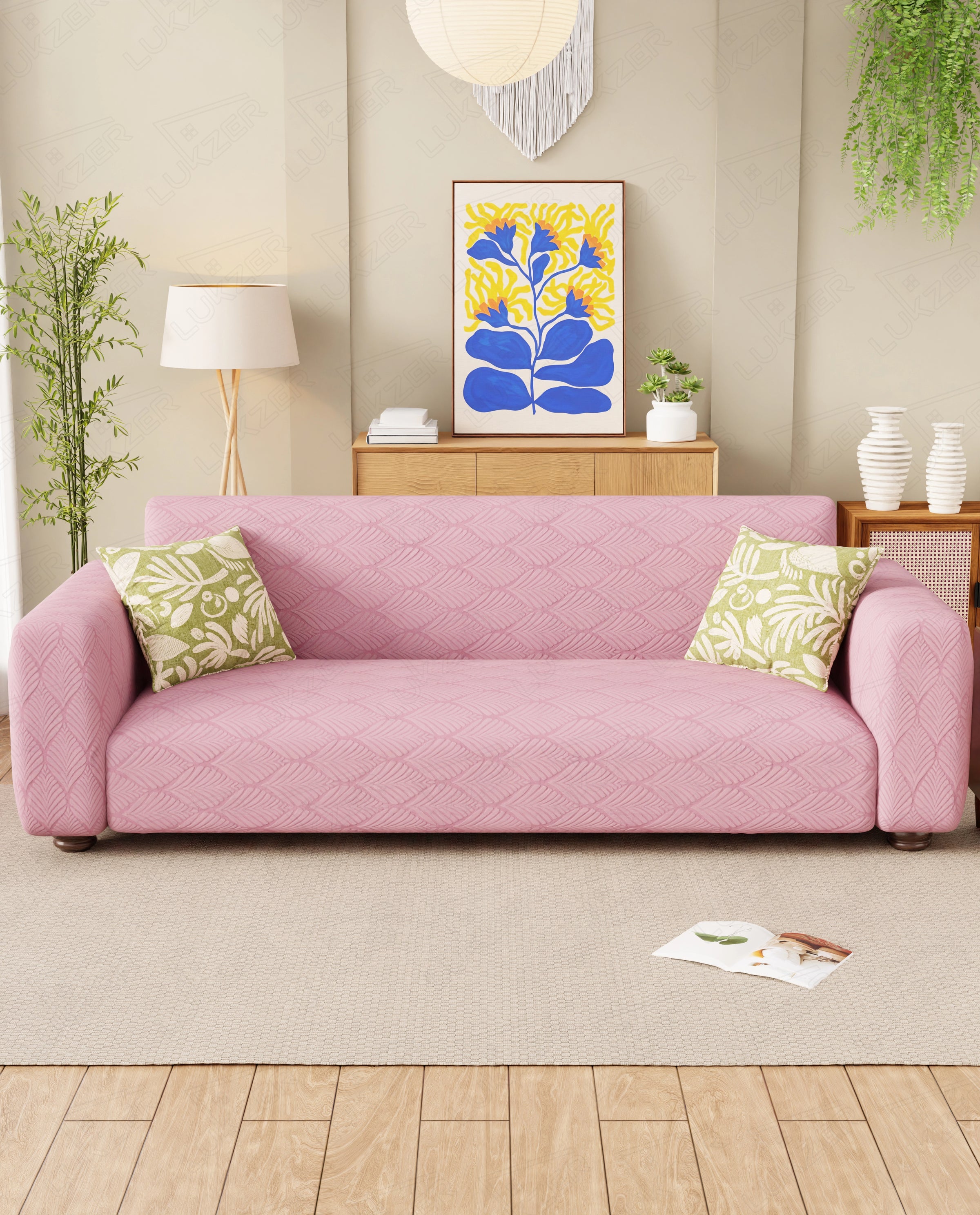 Lukzer Pastel Shades Textured Sofa Cover -  Pink Leaf Trail  (SC-129-01)