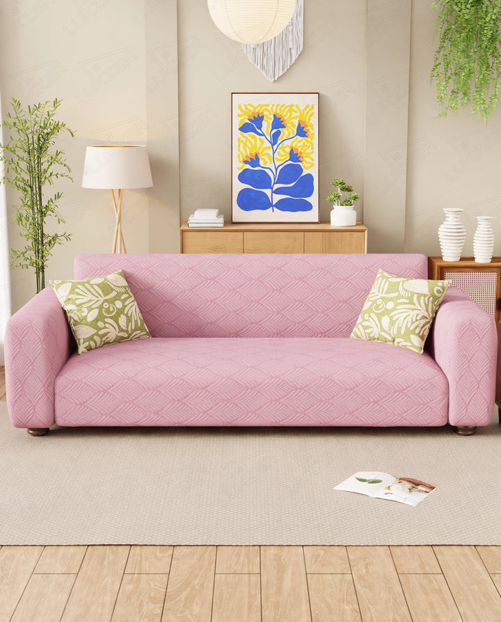 Lukzer Pastel Shades Textured Sofa Cover -  Pink Leaf Trail  (SC-129-01)