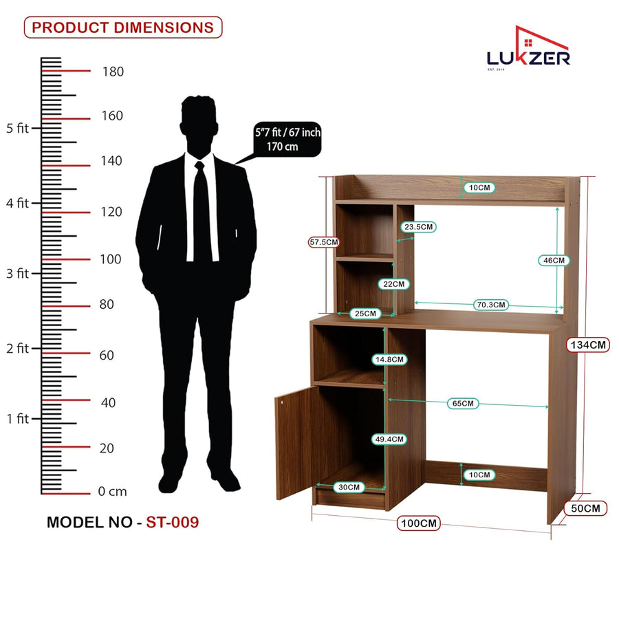 Lukzer Engineered Wood Office Desk & Study Table with Bookshelf & Cabinet (ST-009/Oak Brown)