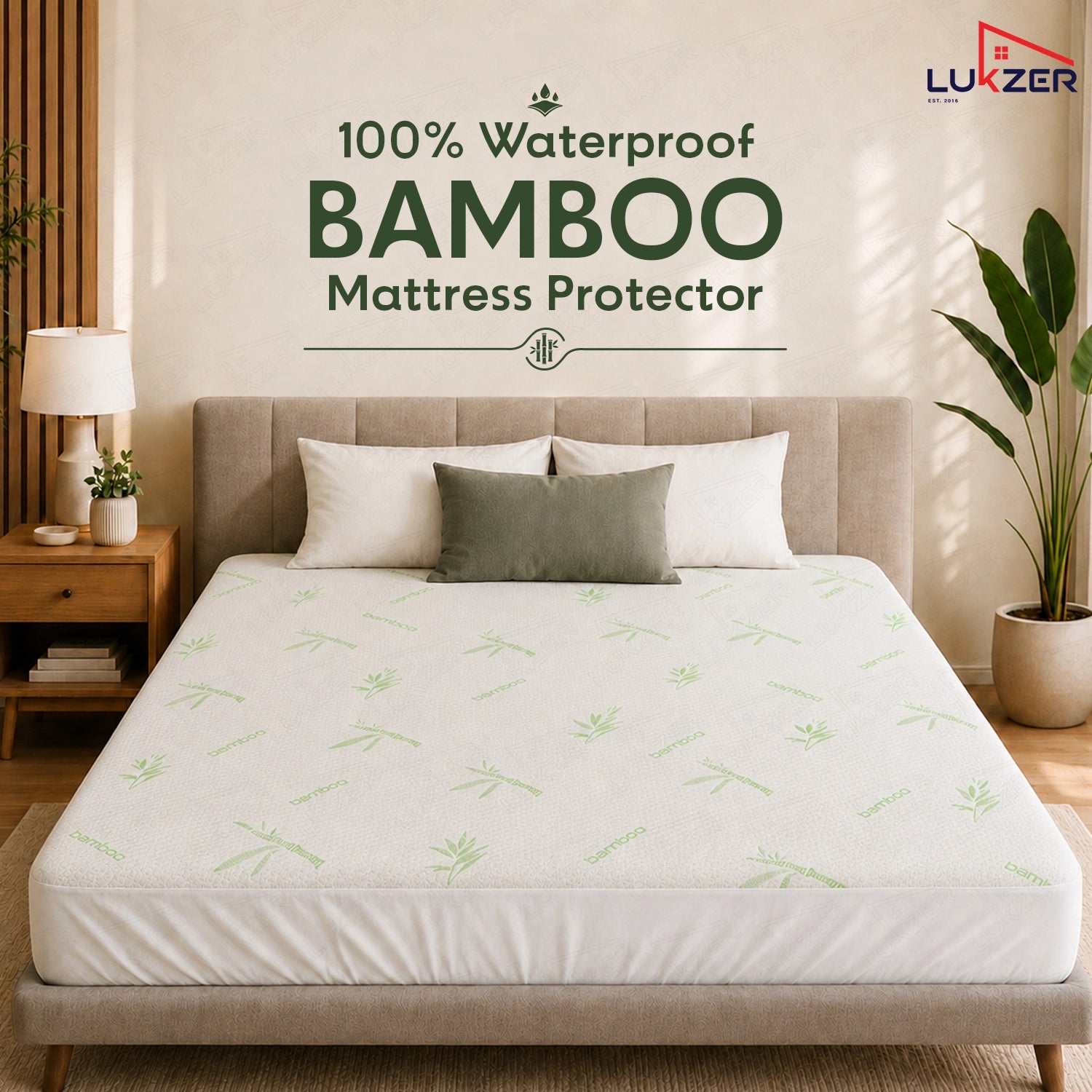 Lukzer 100% Waterproof Natural Bamboo Mattress Protector/Mattress Cover / Queen Size - (72" x 60" Inches) - (6 x 5 ft)
