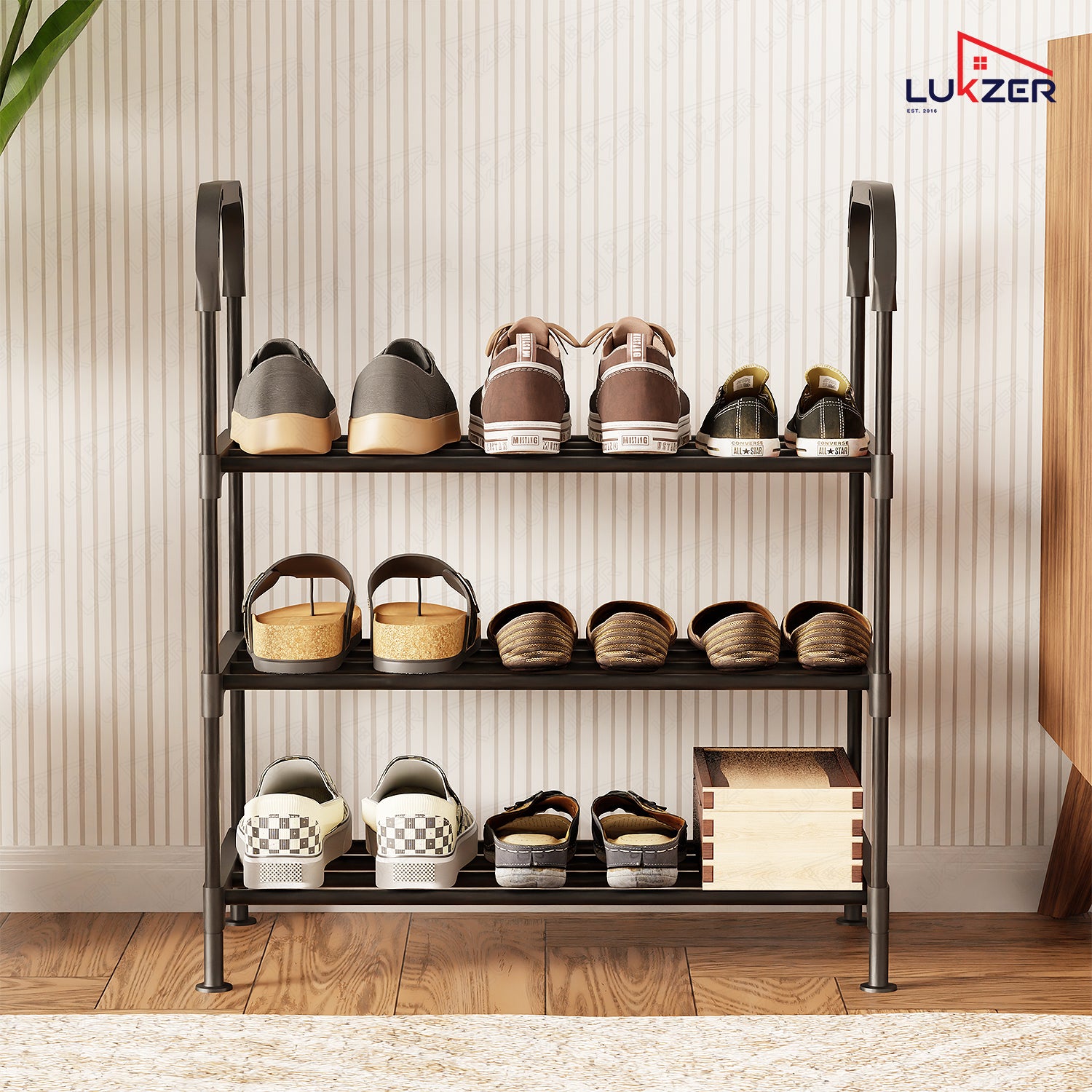 Lukzer 3-Tier Metal & Plastic Space-Saving Shoe Organizer Rack (MSR-003/Black)