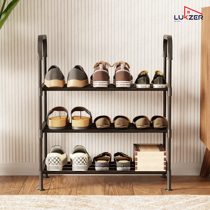 Lukzer 3-Tier Metal & Plastic Space-Saving Shoe Organizer Rack (MSR-003/Black)