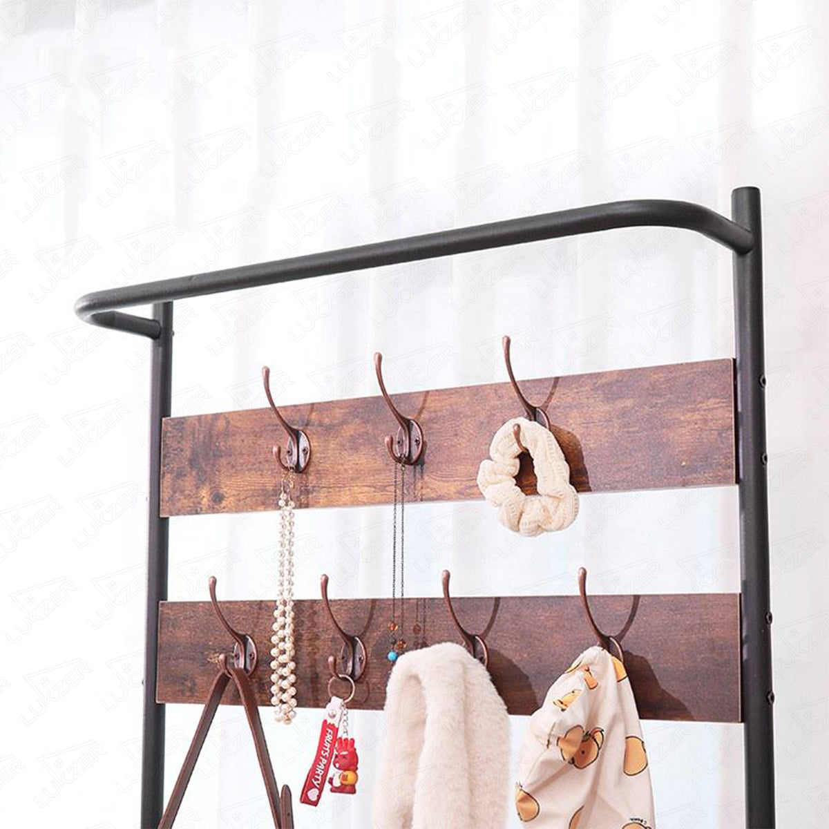 Lukzer Multipurpose Hall Tree with Coat Rack, Bench and Shoe Storage (Black & Oak)