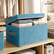 Lukzer 3Pcs Blue & Grey Foldable Storage Box with Lid & Reinforced Handle (Lining)