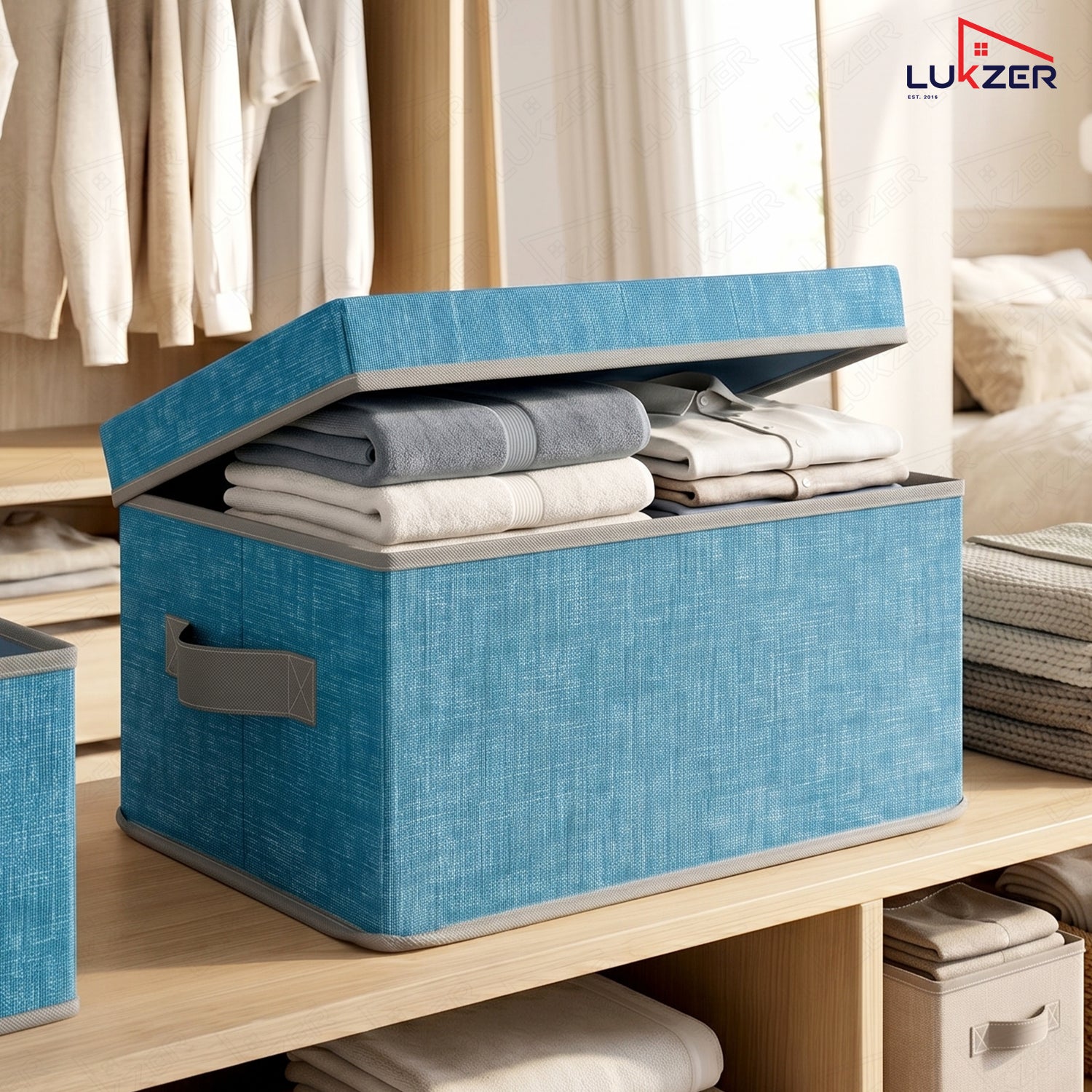 Lukzer 1Pc Blue & Grey Foldable Storage Box with Lid & Reinforced Handle (Lining)
