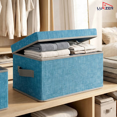 Lukzer 1Pc Blue & Grey Foldable Storage Box with Lid & Reinforced Handle (Lining)