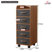 Lukzer 5-Drawer Engineered Wood Storage Cabinet with Fabric Bins & Wheels (MR-027/Oak Brown)