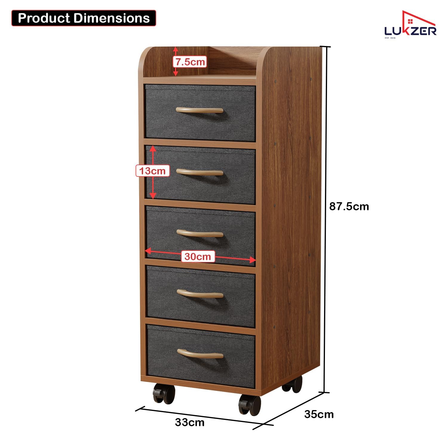 Lukzer 5-Drawer Engineered Wood Storage Cabinet with Fabric Bins & Wheels (MR-027/Oak Brown)