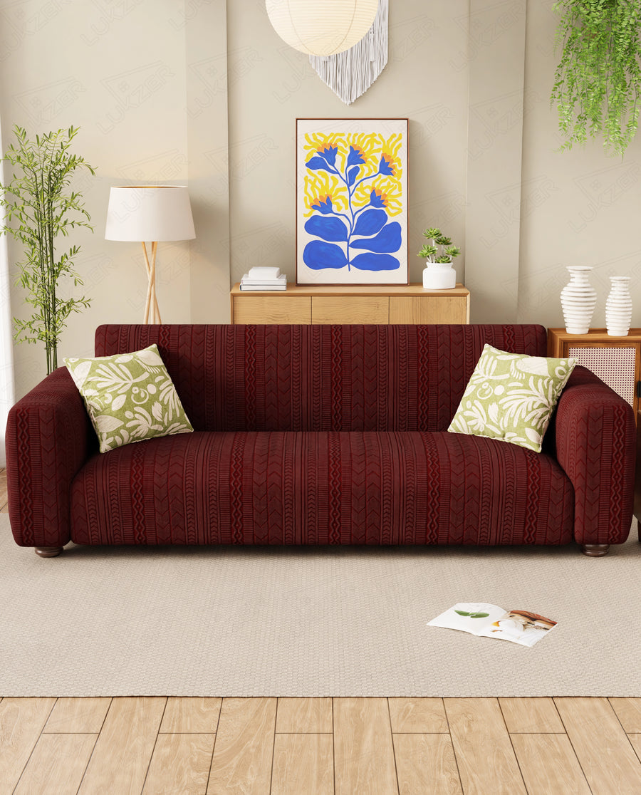 Lukzer Pastel Shades Textured Sofa Cover - Deep Maroon Zigzag (SC-138-01)