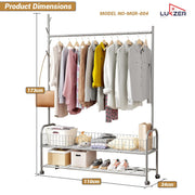 Lukzer Metal Single Rod Clothes Hanging Stand with Double Shelf & Lockable Wheels (MGR-004/Grey)