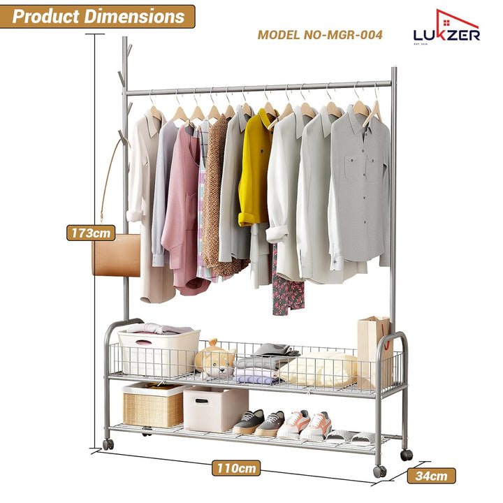 Lukzer Metal Single Rod Clothes Hanging Stand with Double Shelf & Lockable Wheels (MGR-004/Grey)