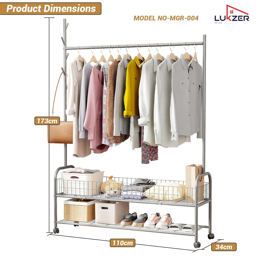 Lukzer Metal Single Rod Clothes Hanging Stand with Double Shelf & Lockable Wheels (MGR-004/Grey)