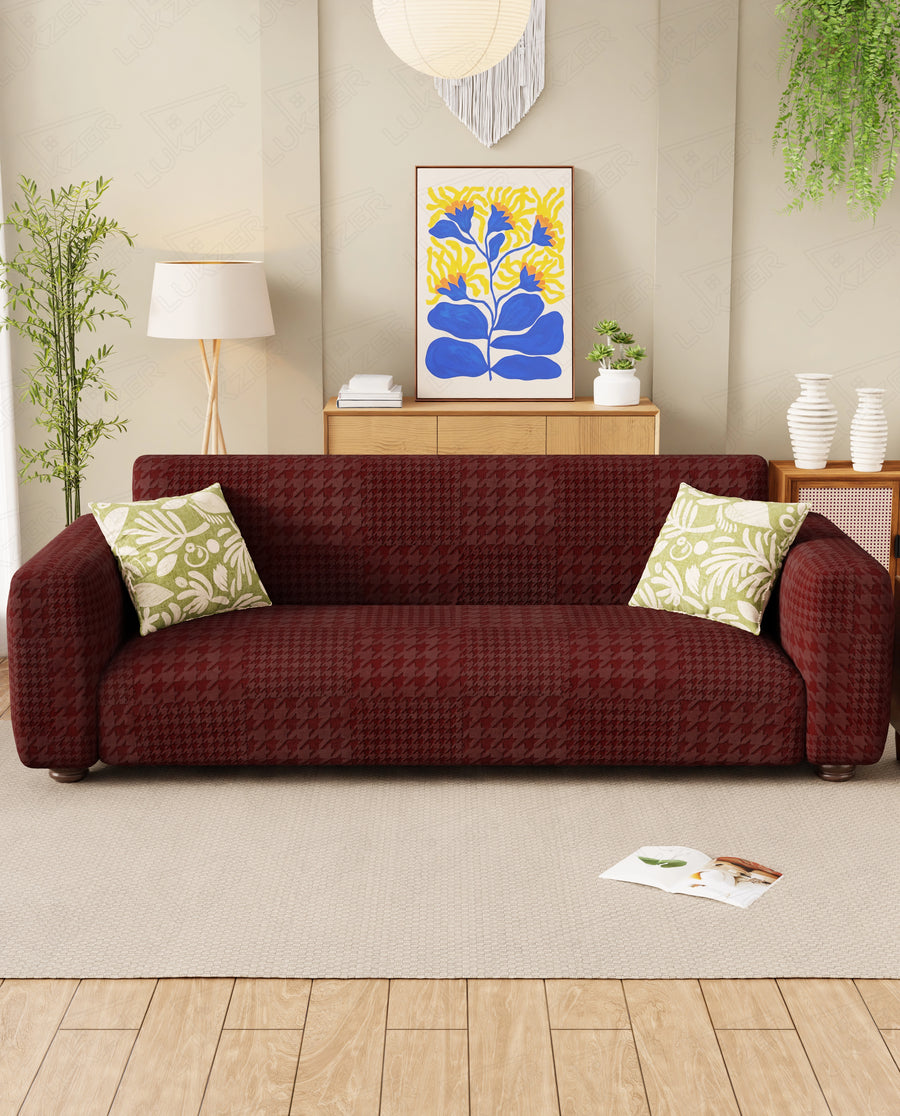 Lukzer Pastel Shades Textured Sofa Cover - Deep Maroon Square Knit (SC-179-01)