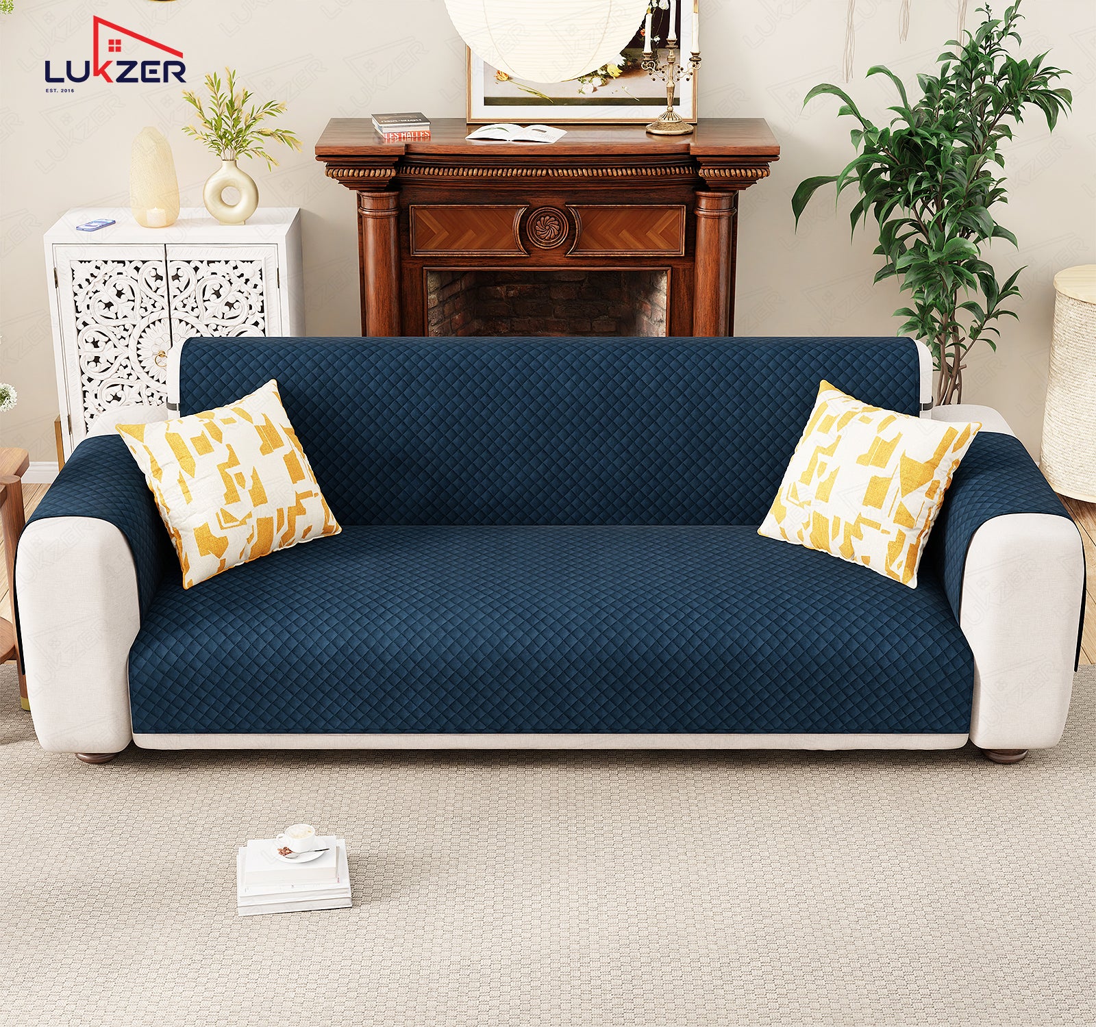 Lukzer Quilted Velvet Sofa Mat | 200 GSM Soft Washable &amp; Removable Couch Protector | Anti-Slip Elastic Strap Cover for Living Room, Pet &amp; Spill Protection