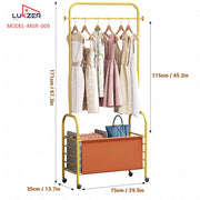 Lukzer Metal Clothes Rail Stand with Leather Storage Bin & Wheels (MGR-009/Gold)