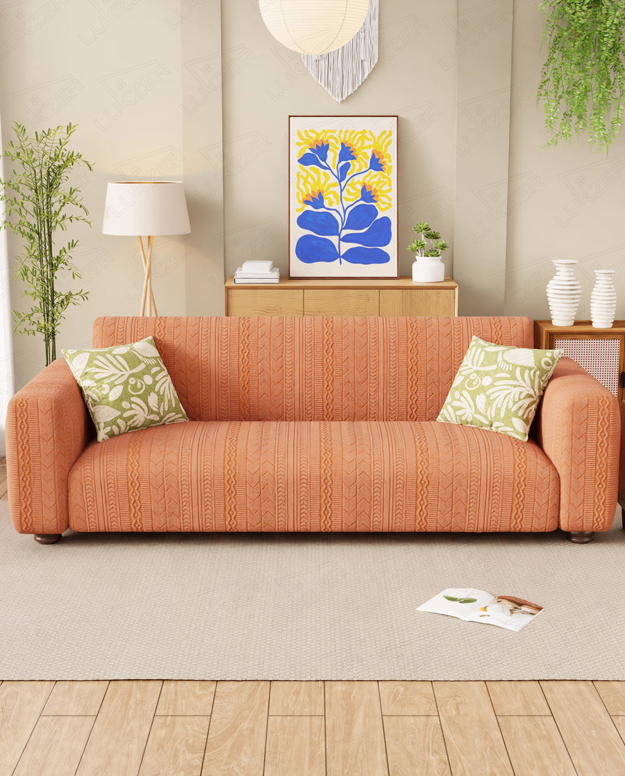 Lukzer Pastel Shades Textured Sofa Cover - Orange Zigzag (SC-079-01)