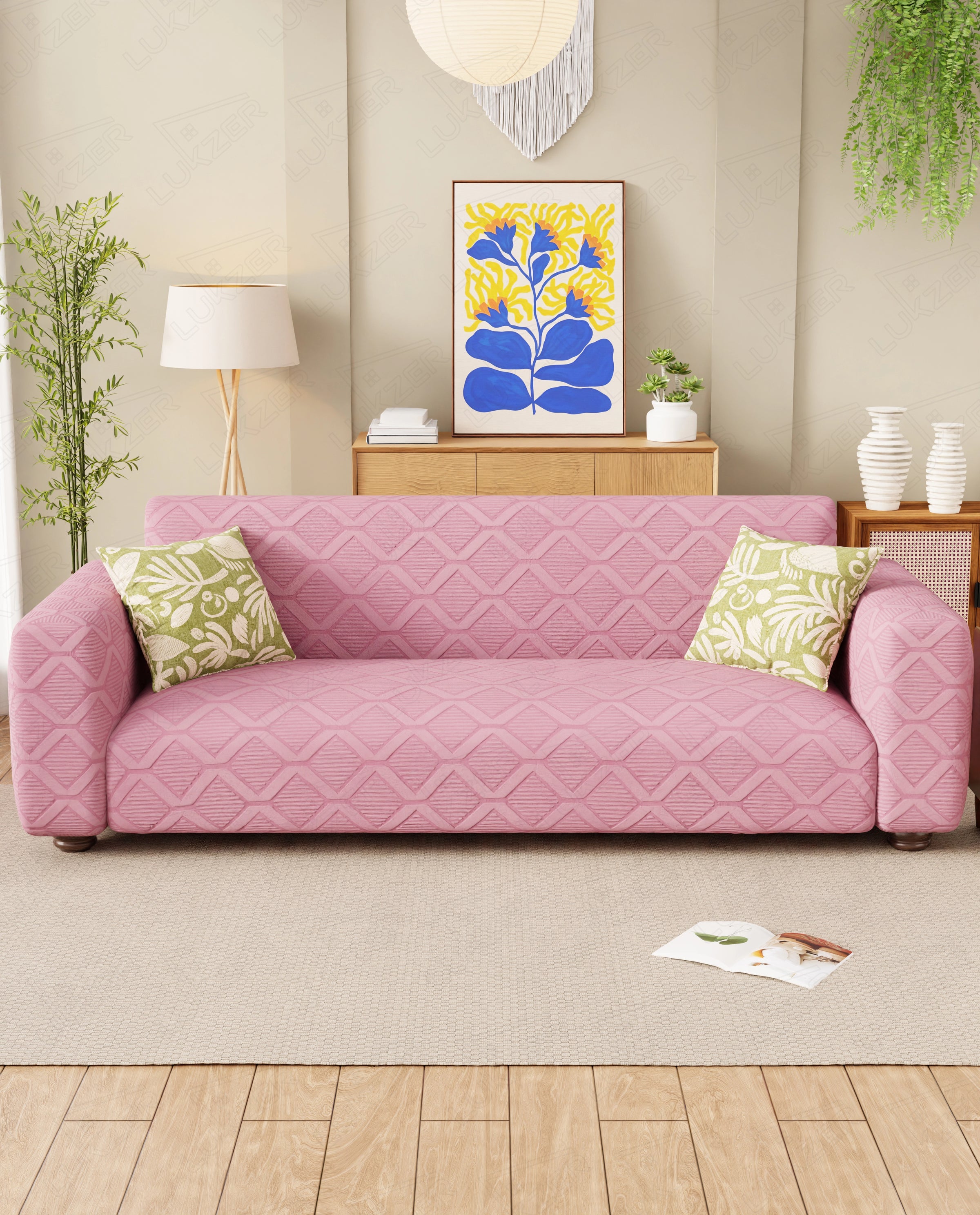 Lukzer Pastel Shades Textured Sofa Cover -  Pink Diamond (SC-154-01)