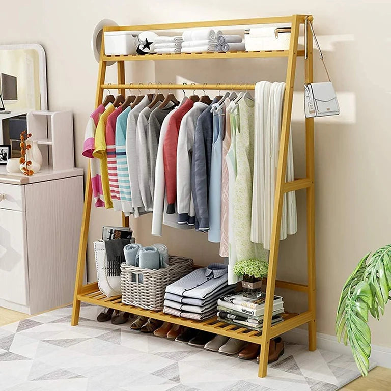 Lukzer Bamboo Garment Stand with Top & Bottom Shelves (CH-498)