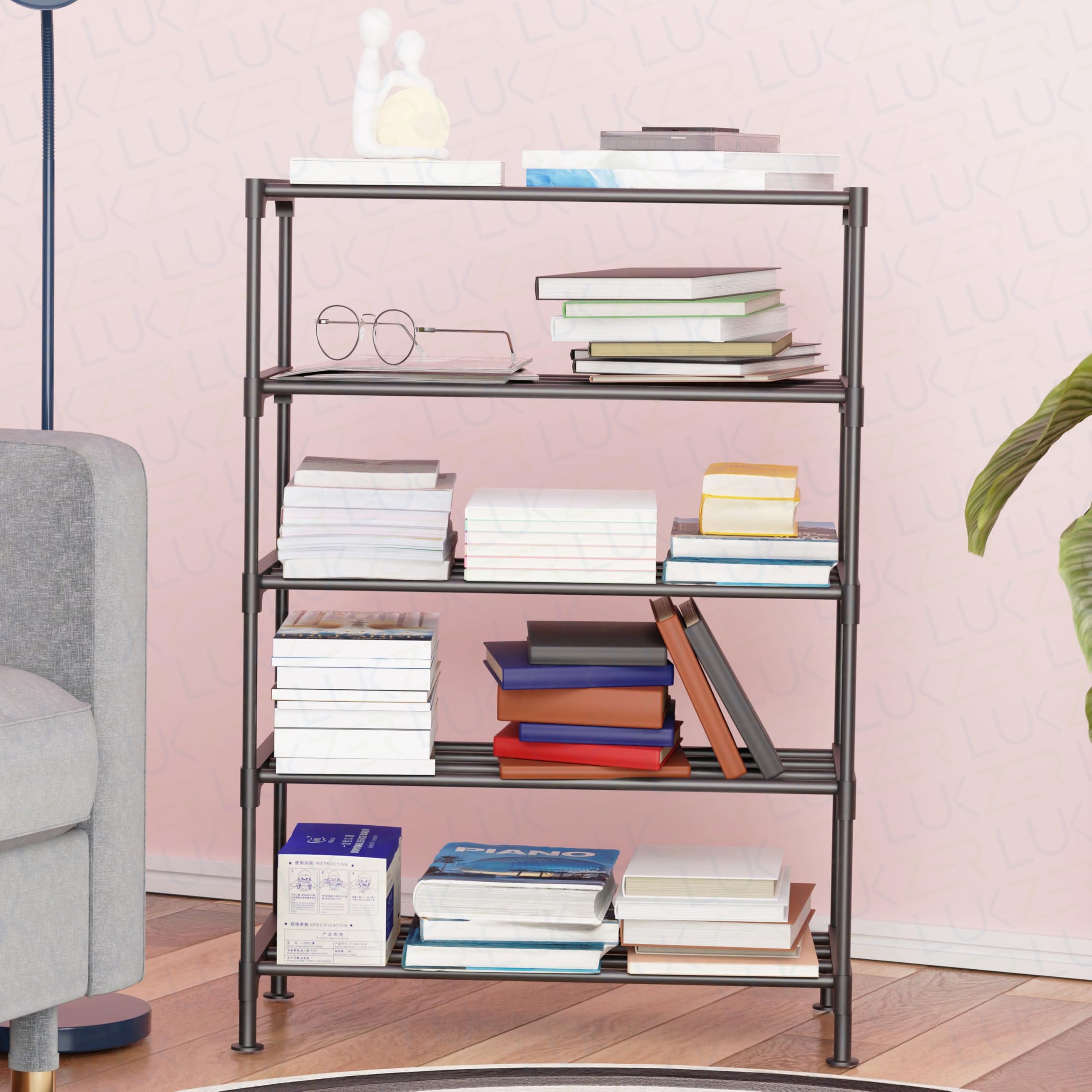 Lukzer Easy DIY Metal & Plastic Bookshelf/Storage Organizer – Black & Silver (3/4/5/6 Layers)