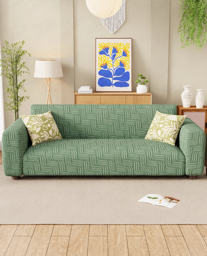 Lukzer Pastel Shades Textured Sofa Cover -  Green Ripple Lines (SC-160-01)