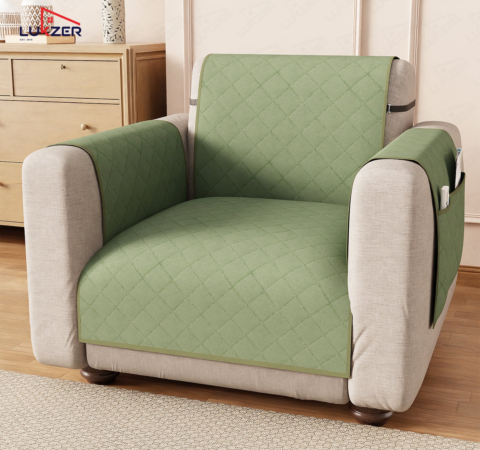 Lukzer Polyester Blend Quilted Sofa Cover Mat (350 GSM)| Full Coverage with Arms &amp; Back Belt | Machine Washable Sofa Runner with Storage Side Pocket