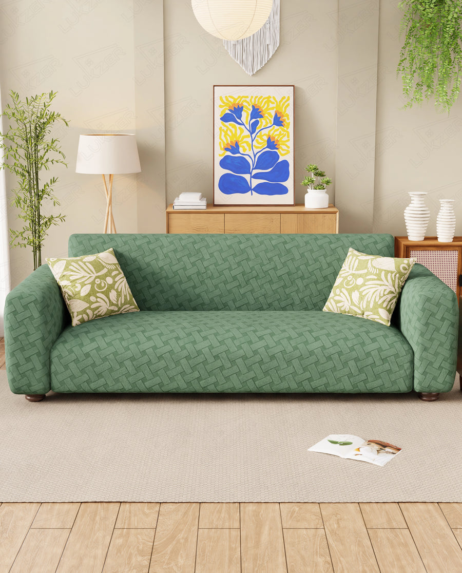 Lukzer Pastel Shades Textured Sofa Cover -  Green Basket Weave (SC-114-01)