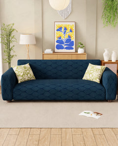 Lukzer Pastel Shades Textured Sofa Cover -  Marine Blue Leaf Trail (SC-131-01)