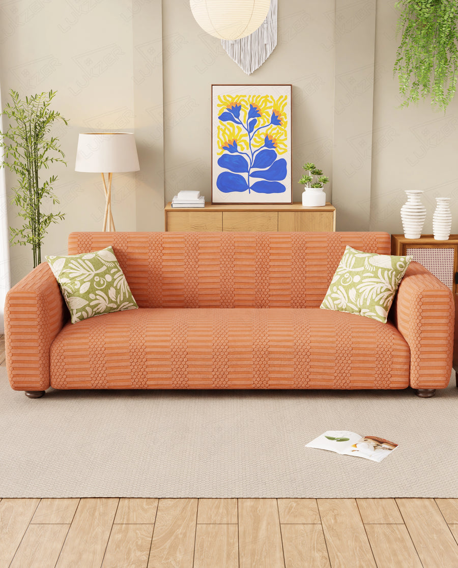 Lukzer Pastel Shades Textured Sofa Cover - Orange Dotted Stripe (SC-069-01)