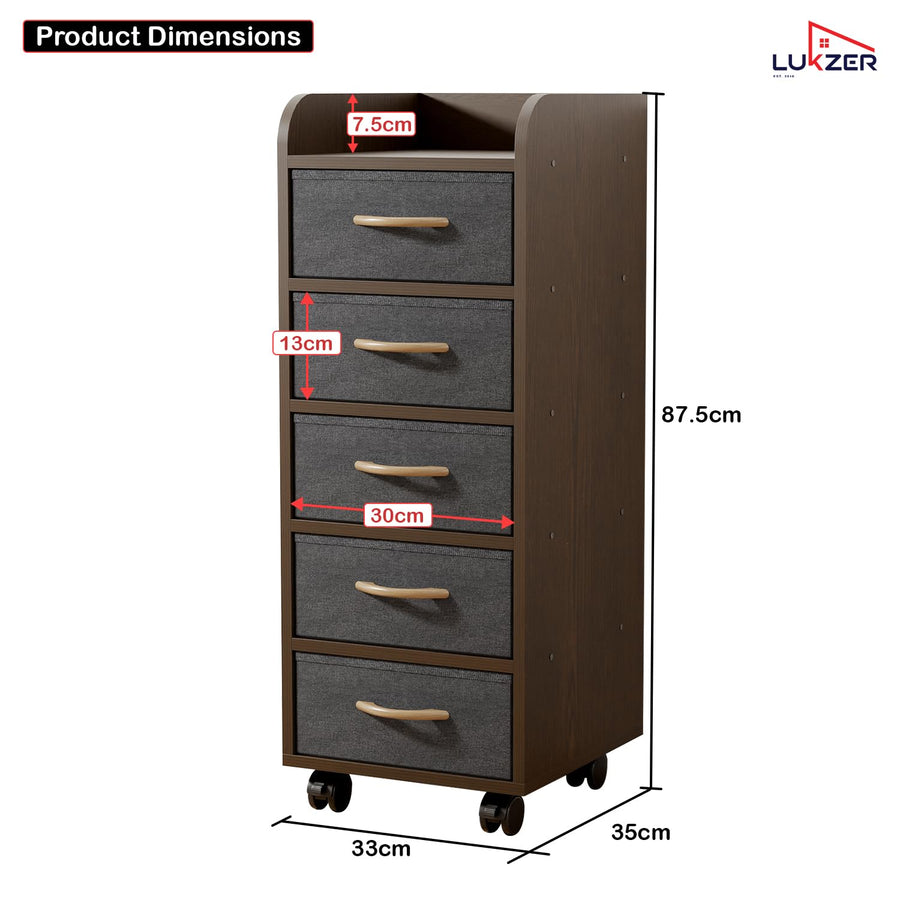 Lukzer 5-Drawer Engineered Wood Storage Cabinet with Fabric Bins & Wheels (MR-027/Wenge)