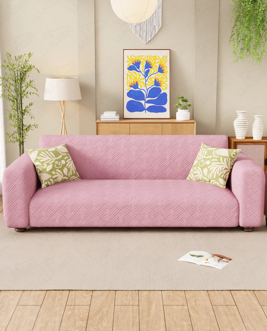 Lukzer Pastel Shades Textured Sofa Cover - Pink Abstract (SC-168-01)