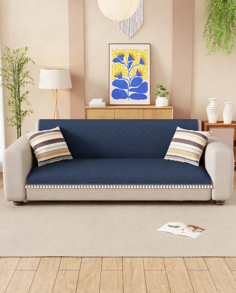 Lukzer 5 Seater Quilted Sofa Cover Mat with Tassels - 3+1+1 Seat - Midnight Blue - SC-191-05T