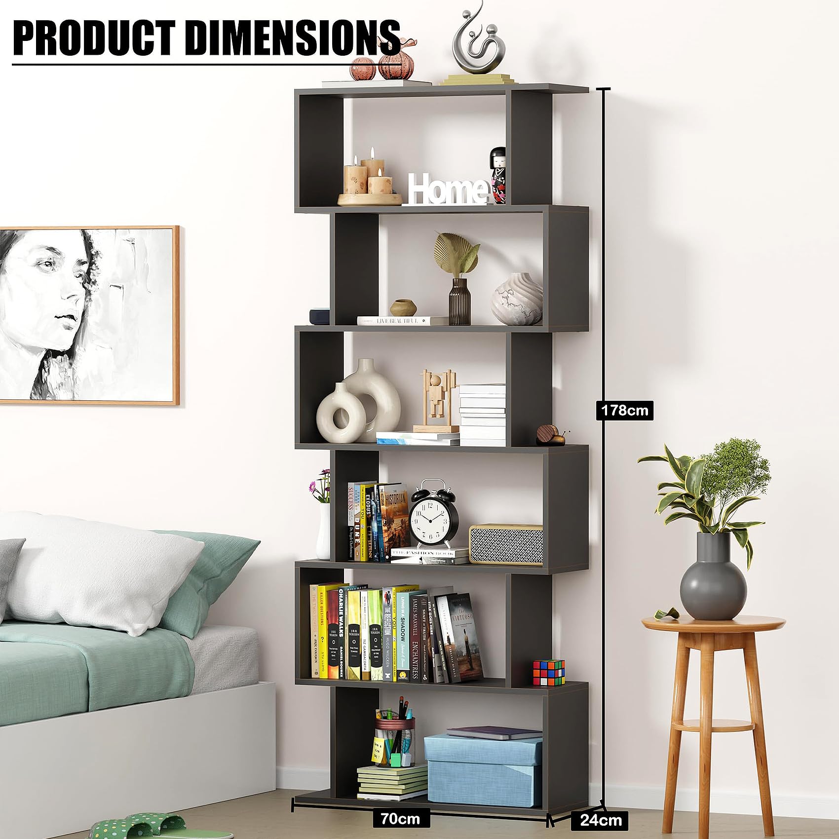 Lukzer 6-Layer S-Shaped Ladder Engineered Wood Open Bookshelf Rack (MR-002, Black)