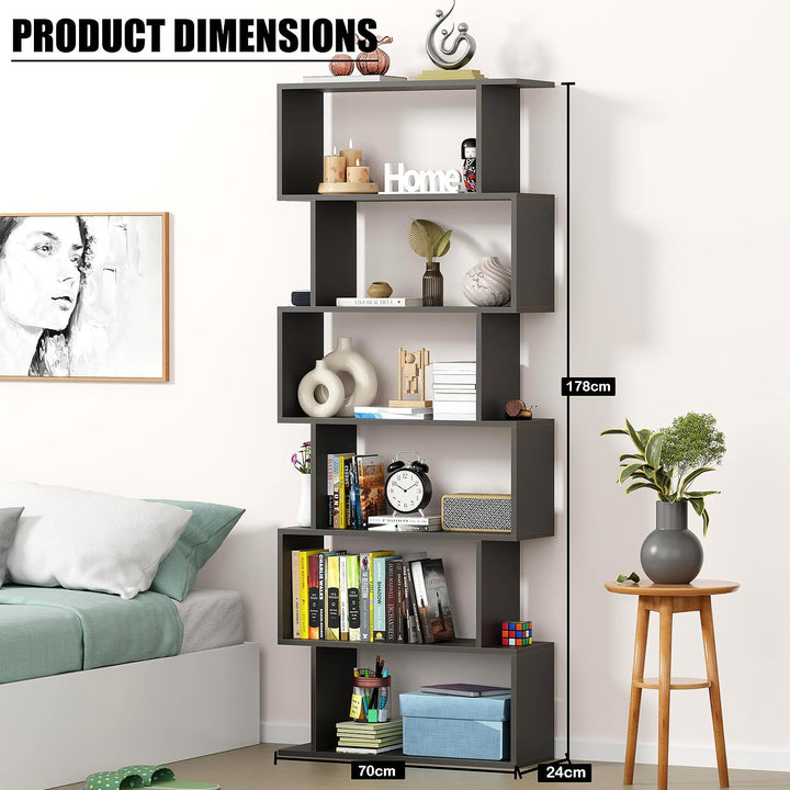 Lukzer 6-Layer S-Shaped Ladder Engineered Wood Open Bookshelf Rack (MR-002, Black)