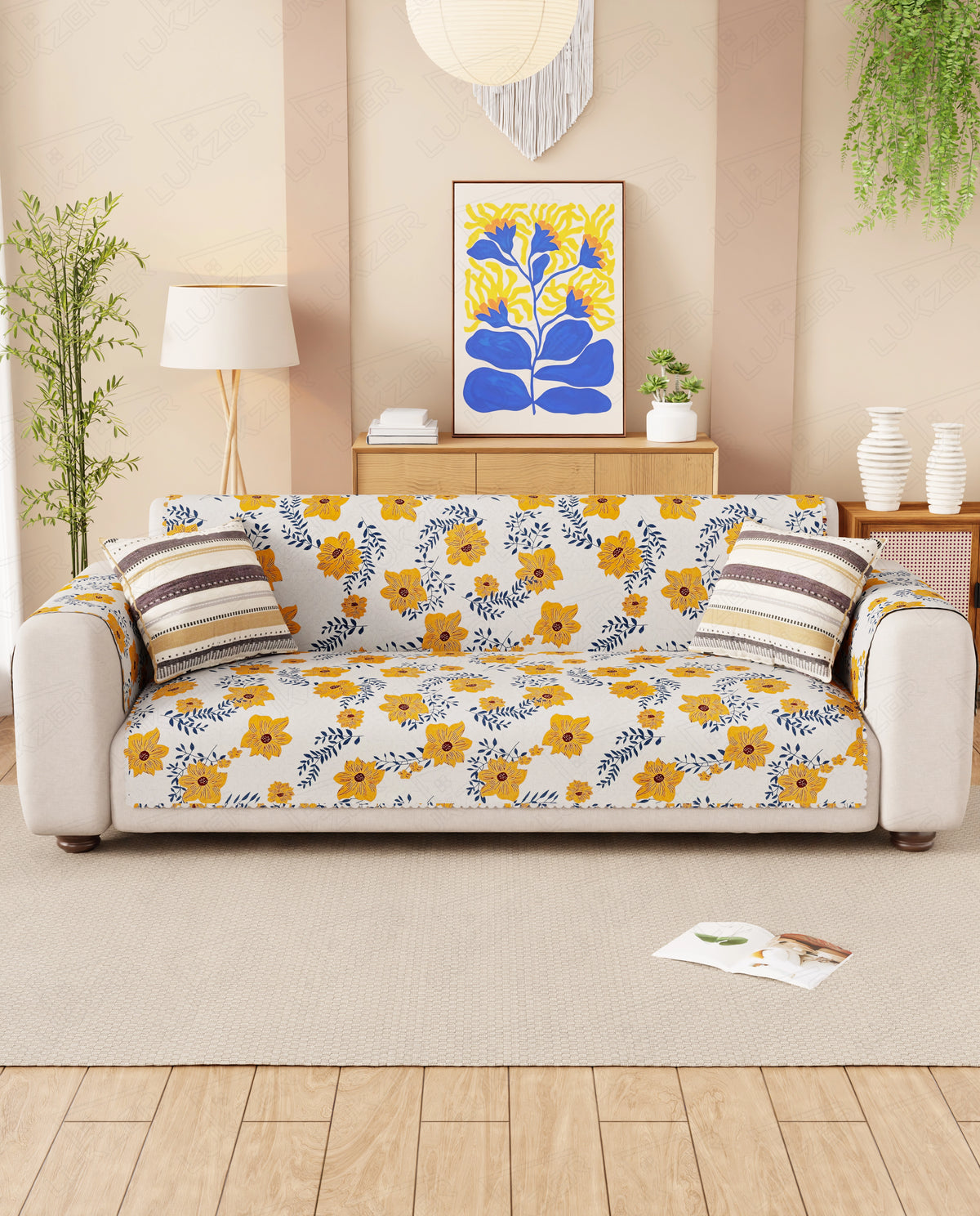 Lukzer Quilted Reversible Brick Bloom Sofa Mat with WaveEdge Ultrasonic Cut (WITH BACK & HAND REST) - SC-201-01WB