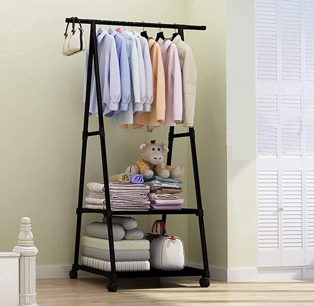 Lukzer A- Shape Metal Multipurpose Garment Rack with 2 Bottom Shelves Black